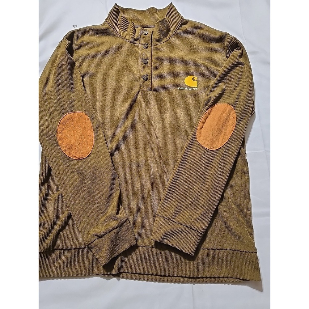 Mens Carhartt Large Brown Corduroy Pullover Shirt Suede Elbow Patches Vintage